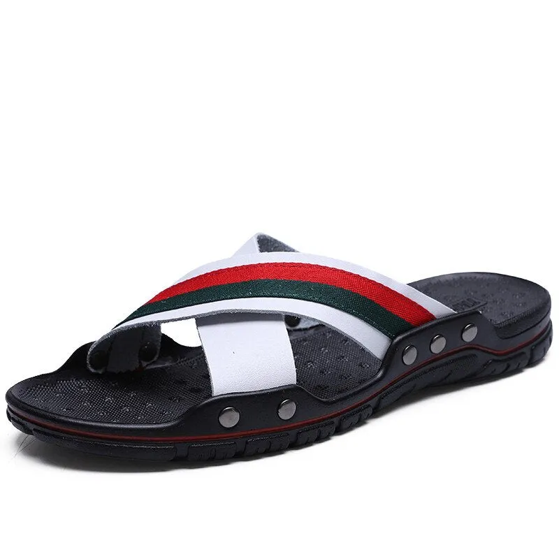 Men Slippers Genuine Leather Cross Strap