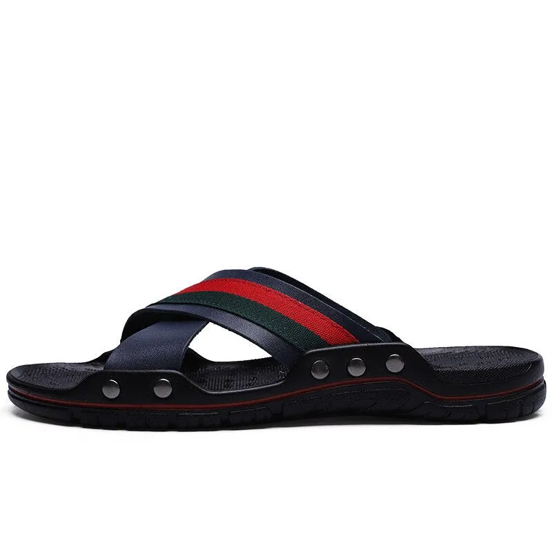 Men Slippers Genuine Leather Cross Strap