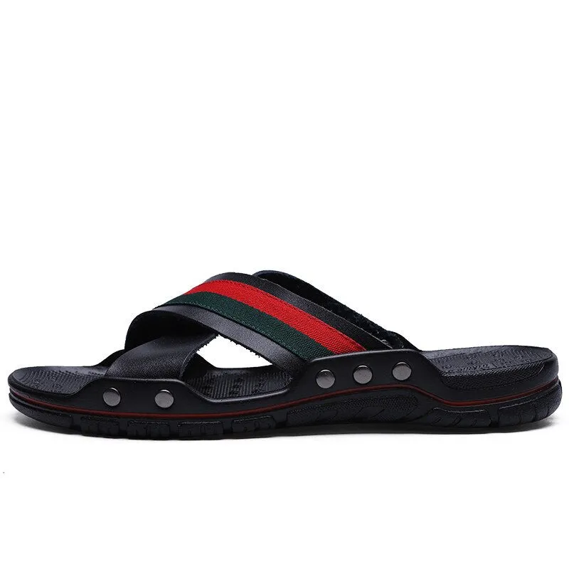 Men Slippers Genuine Leather Cross Strap