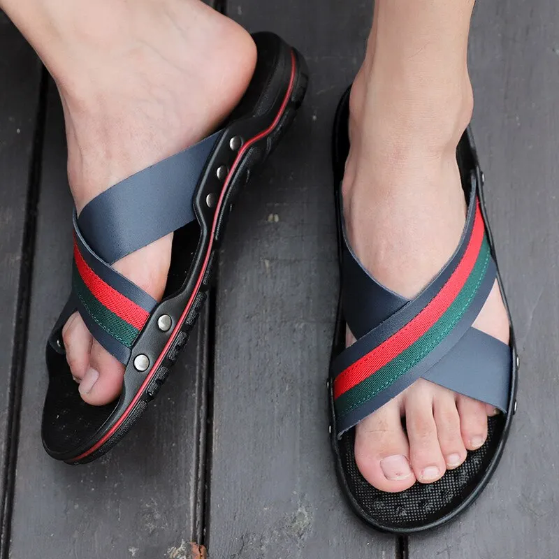 Men Slippers Genuine Leather Cross Strap