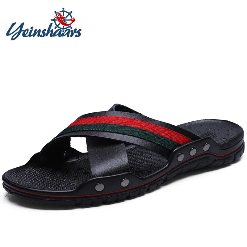 Men Slippers Genuine Leather Cross Strap
