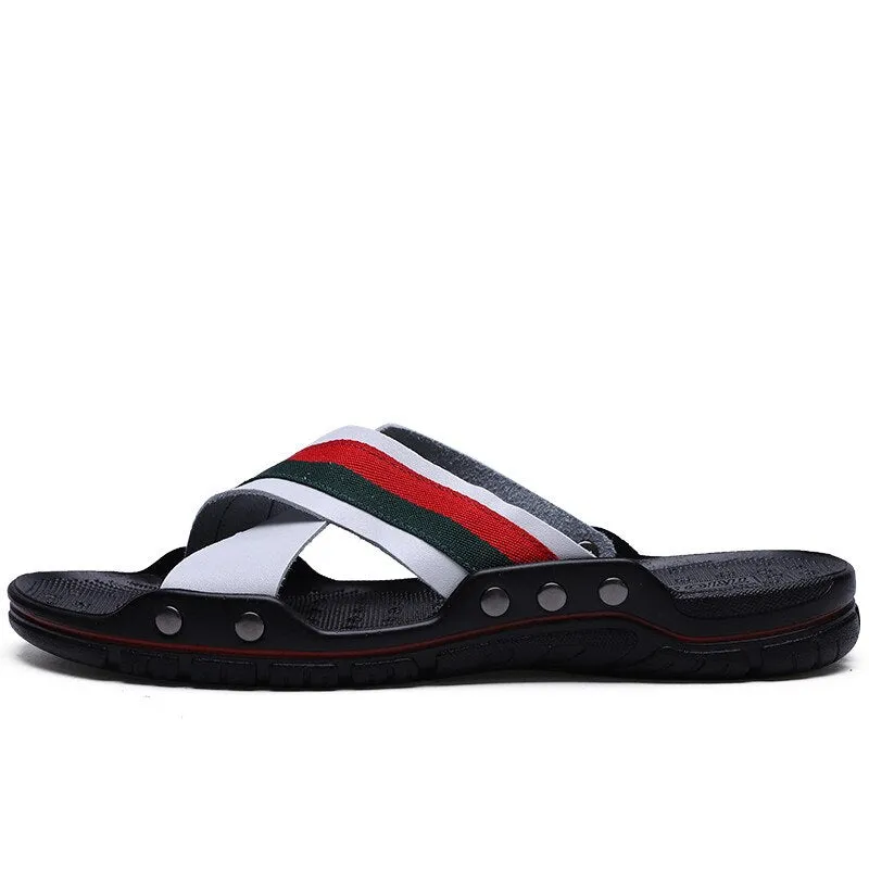 Men Slippers Genuine Leather Cross Strap