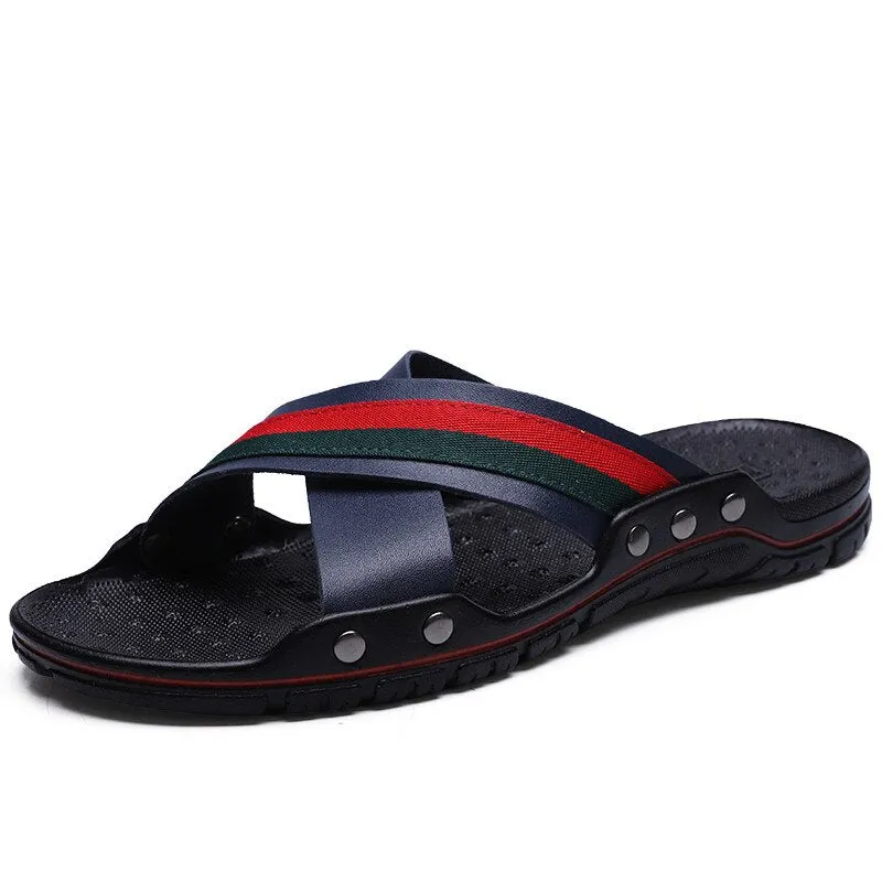 Men Slippers Genuine Leather Cross Strap