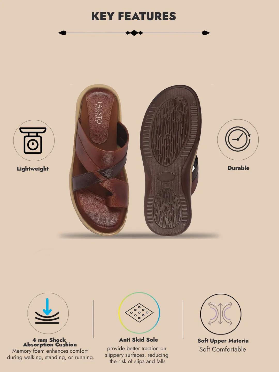 Men Tan Toe Ring Broad Feet Criss Cross Design Summer Slip On Slippers|Dress Sandals Slip On|Anti Skid Sole