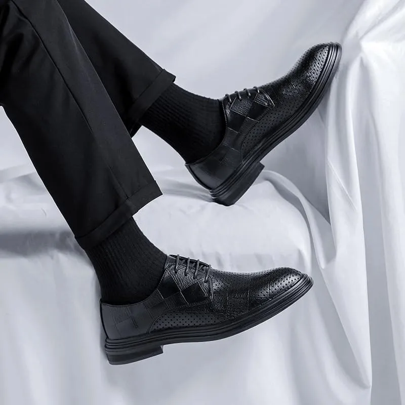 Mens Breathable Dress Shoes Black Classic Lace Up Hollowout Oxford Formal Evening Party Slip Resistant Leather Shoes
