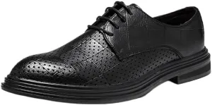 Mens Breathable Dress Shoes Black Classic Lace Up Hollowout Oxford Formal Evening Party Slip Resistant Leather Shoes