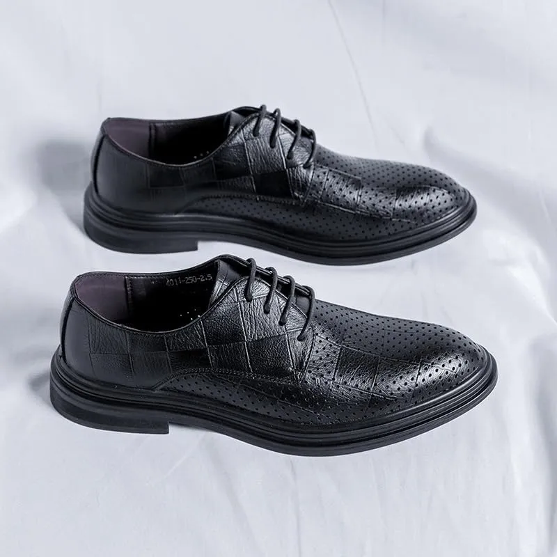 Mens Breathable Dress Shoes Black Classic Lace Up Hollowout Oxford Formal Evening Party Slip Resistant Leather Shoes