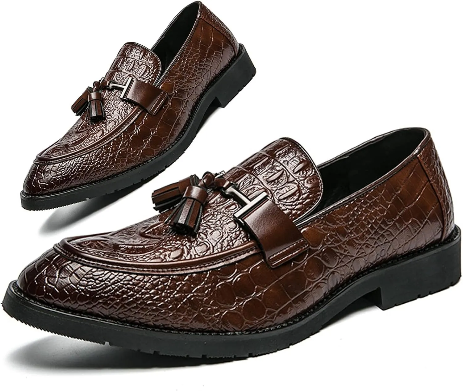Men's Business Dress Crocodile Printed Slip on Loafers Retro Tassel Pointed Toe Business Fashion Luxury Leather Oxford Shoes (Brown,8.5,Men,8.5)
