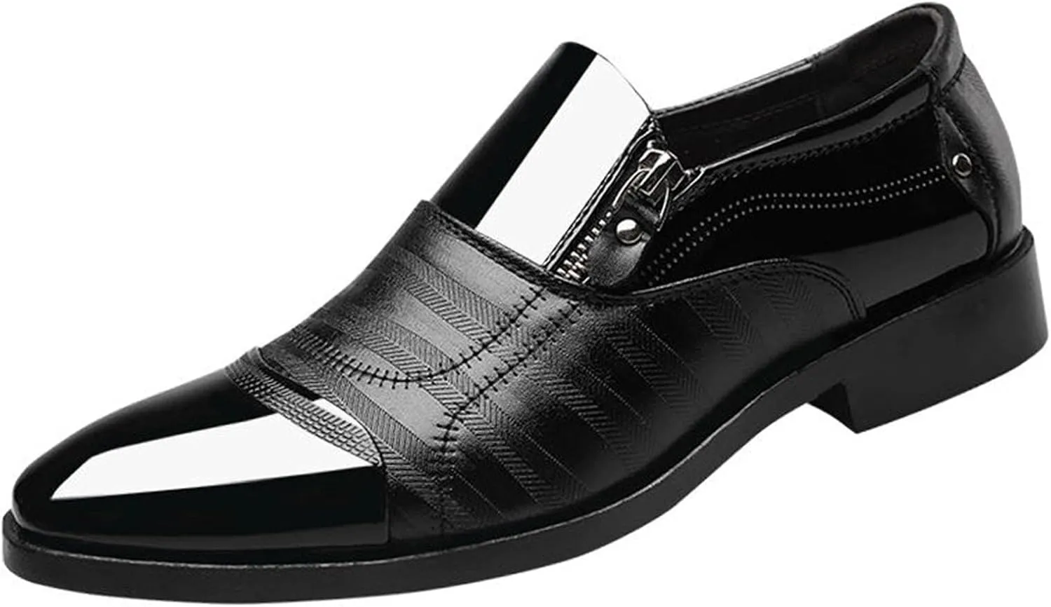 Mens Casual Business Formal Shoes Pionted Toe Patent Leather Shoes with Side Zipper Cap Toe Slip on Oxfords for Men Office Dress Shoe Arch Support Walking Oxfords Modern Dress Suit (Black, 11)