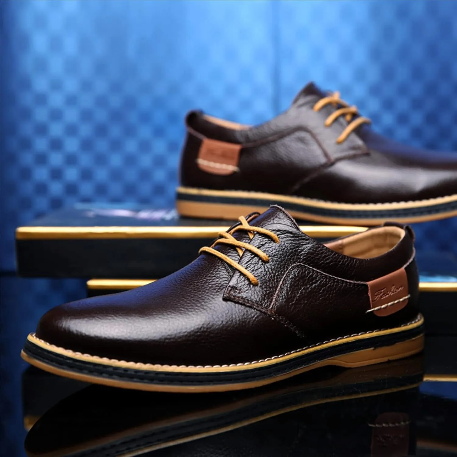 Men's Casual Leather Formal Oxford Shoes Non-Slip Breathable Lace Up Dress Shoes Round Toe Flat Comfortable Business Shoes for Dating Work