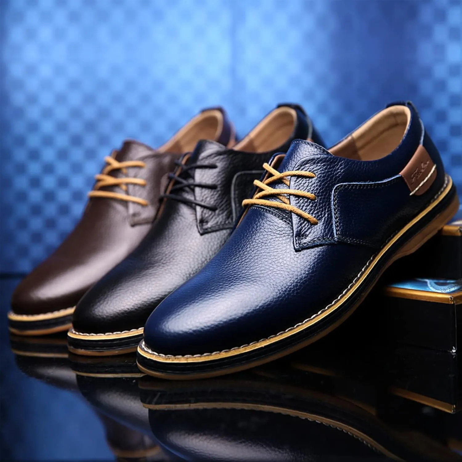 Men's Casual Leather Formal Oxford Shoes Non-Slip Breathable Lace Up Dress Shoes Round Toe Flat Comfortable Business Shoes for Dating Work