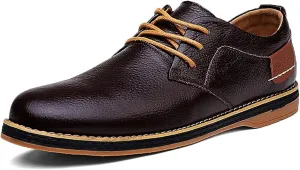 Men's Casual Leather Formal Oxford Shoes Non-Slip Breathable Lace Up Dress Shoes Round Toe Flat Comfortable Business Shoes for Dating Work