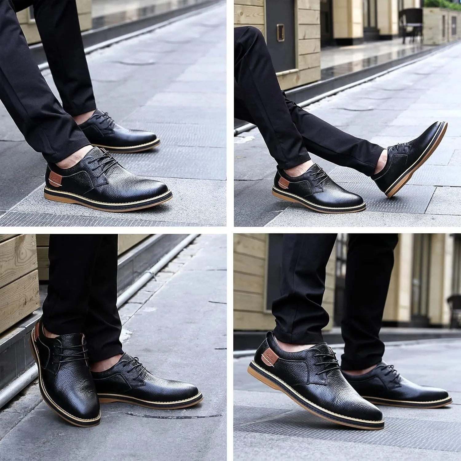 Men's Casual Leather Formal Oxford Shoes Non-Slip Breathable Lace Up Dress Shoes Round Toe Flat Comfortable Business Shoes for Dating Work