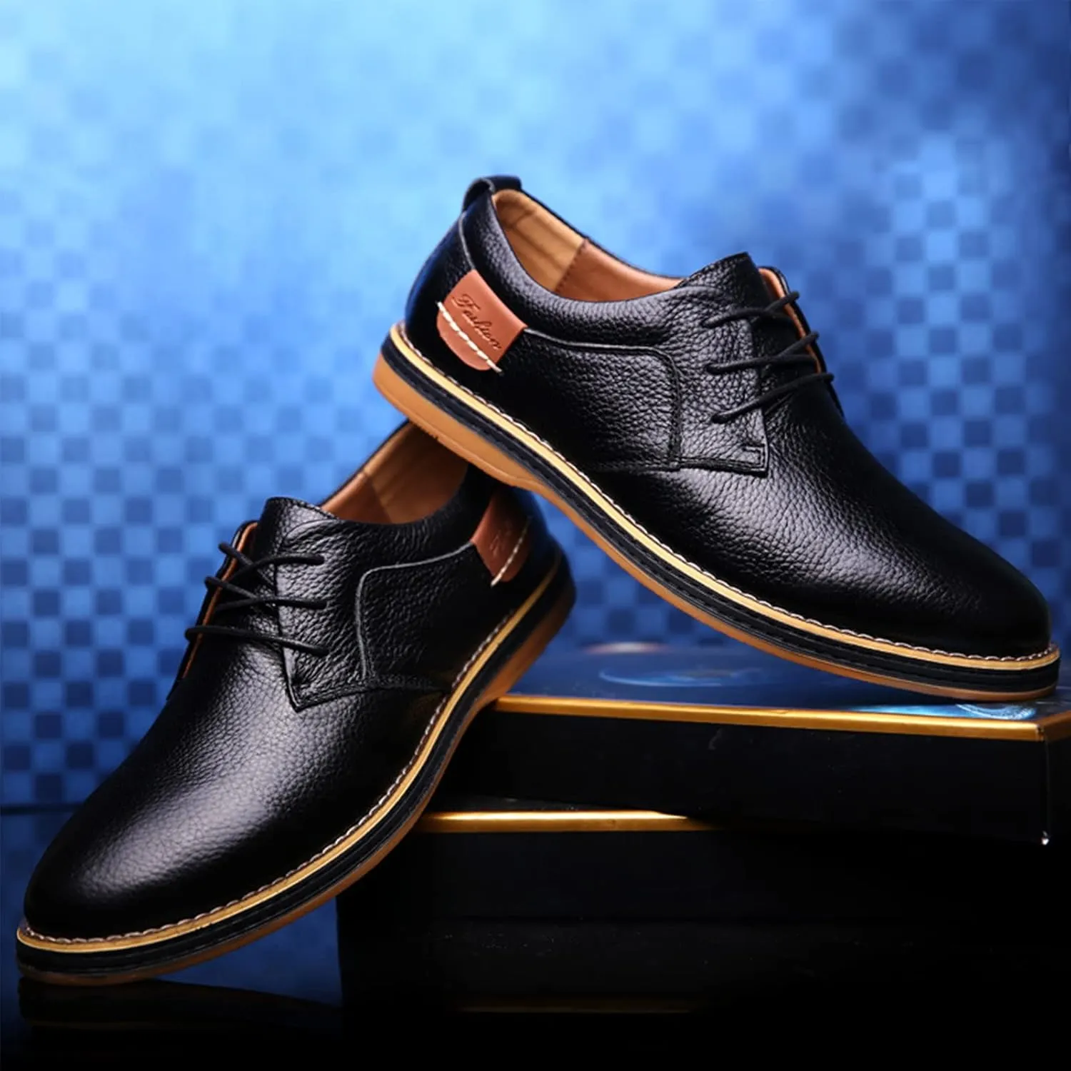 Men's Casual Leather Formal Oxford Shoes Non-Slip Breathable Lace Up Dress Shoes Round Toe Flat Comfortable Business Shoes for Dating Work