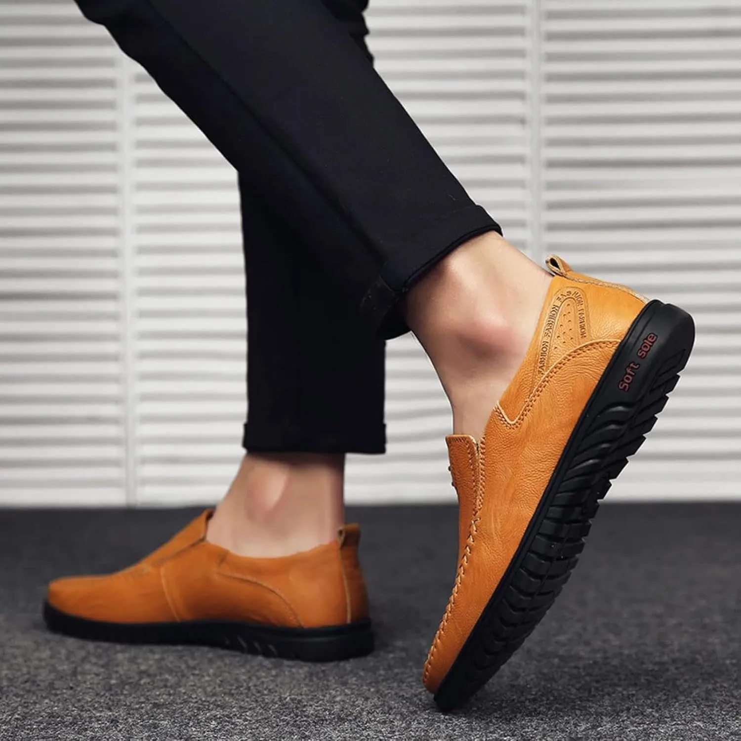 Men's Casual Shoes, Slip on Driving Shoes, Leather Men's Loafers, Flat Bottomed Lightweight Boat Shoes
