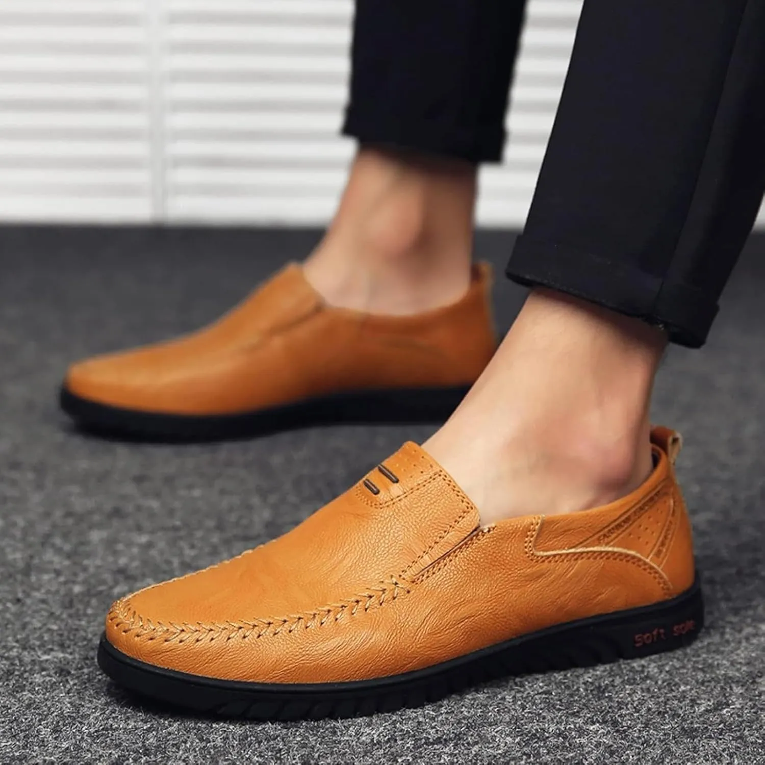 Men's Casual Shoes, Slip on Driving Shoes, Leather Men's Loafers, Flat Bottomed Lightweight Boat Shoes