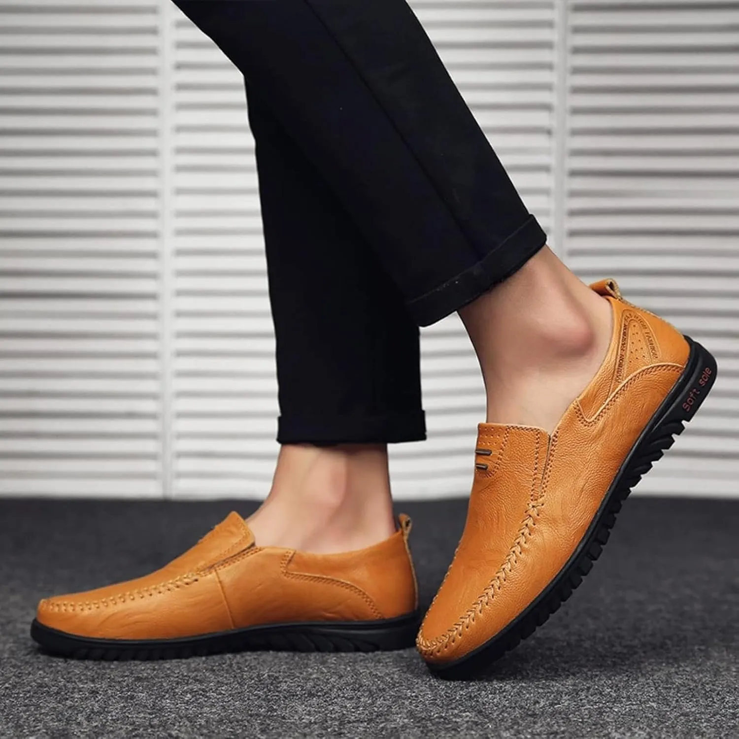 Men's Casual Shoes, Slip on Driving Shoes, Leather Men's Loafers, Flat Bottomed Lightweight Boat Shoes