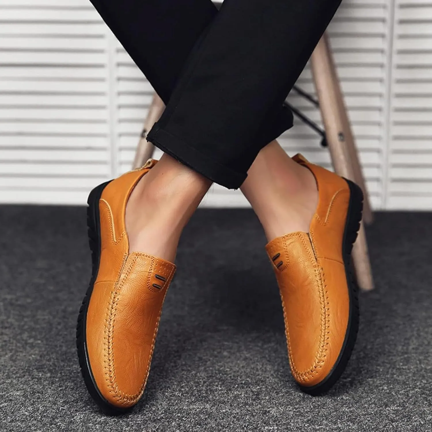 Men's Casual Shoes, Slip on Driving Shoes, Leather Men's Loafers, Flat Bottomed Lightweight Boat Shoes
