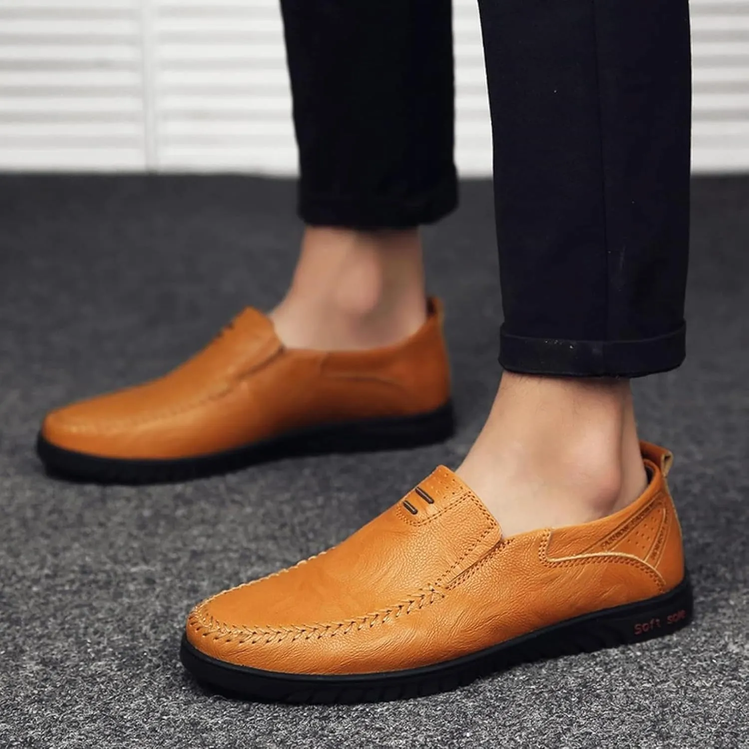 Men's Casual Shoes, Slip on Driving Shoes, Leather Men's Loafers, Flat Bottomed Lightweight Boat Shoes