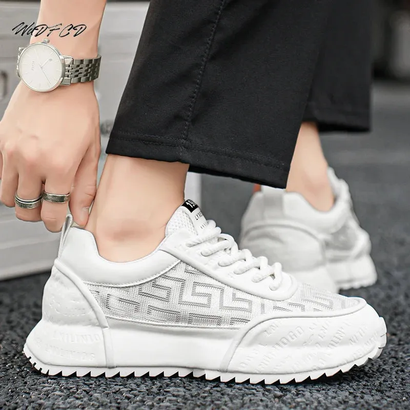Men's Chunky Sneakers - Designer Board Shoes, Fashion Casual Microfiber Leather, Breathable Platform Shoes with Internal Lift
