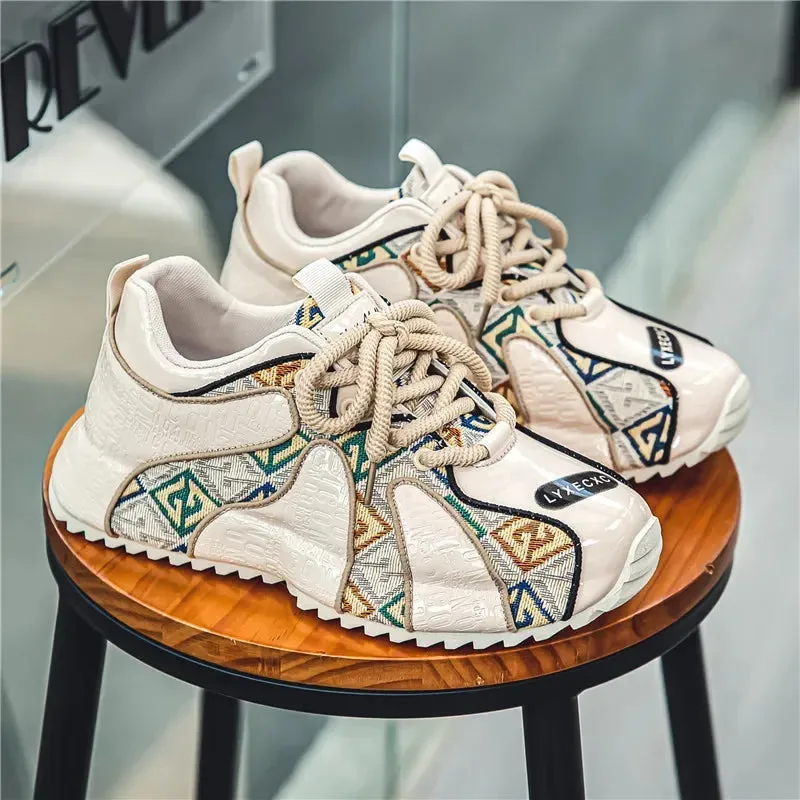 Men's Chunky Sneakers - Designer Board Shoes, Fashion Casual Microfiber Leather, Breathable Platform Shoes with Internal Lift