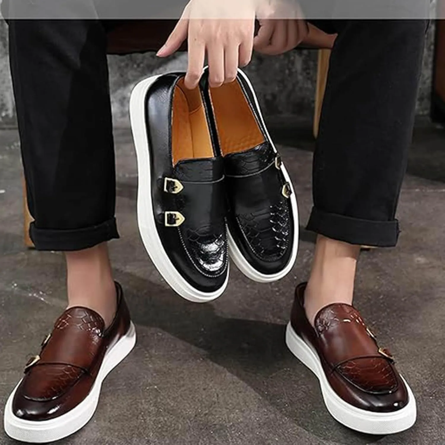 Men's Double Monk Strap Dress Sneakers, Casual Fashion Formal Business Patent Leather Dress Shoes