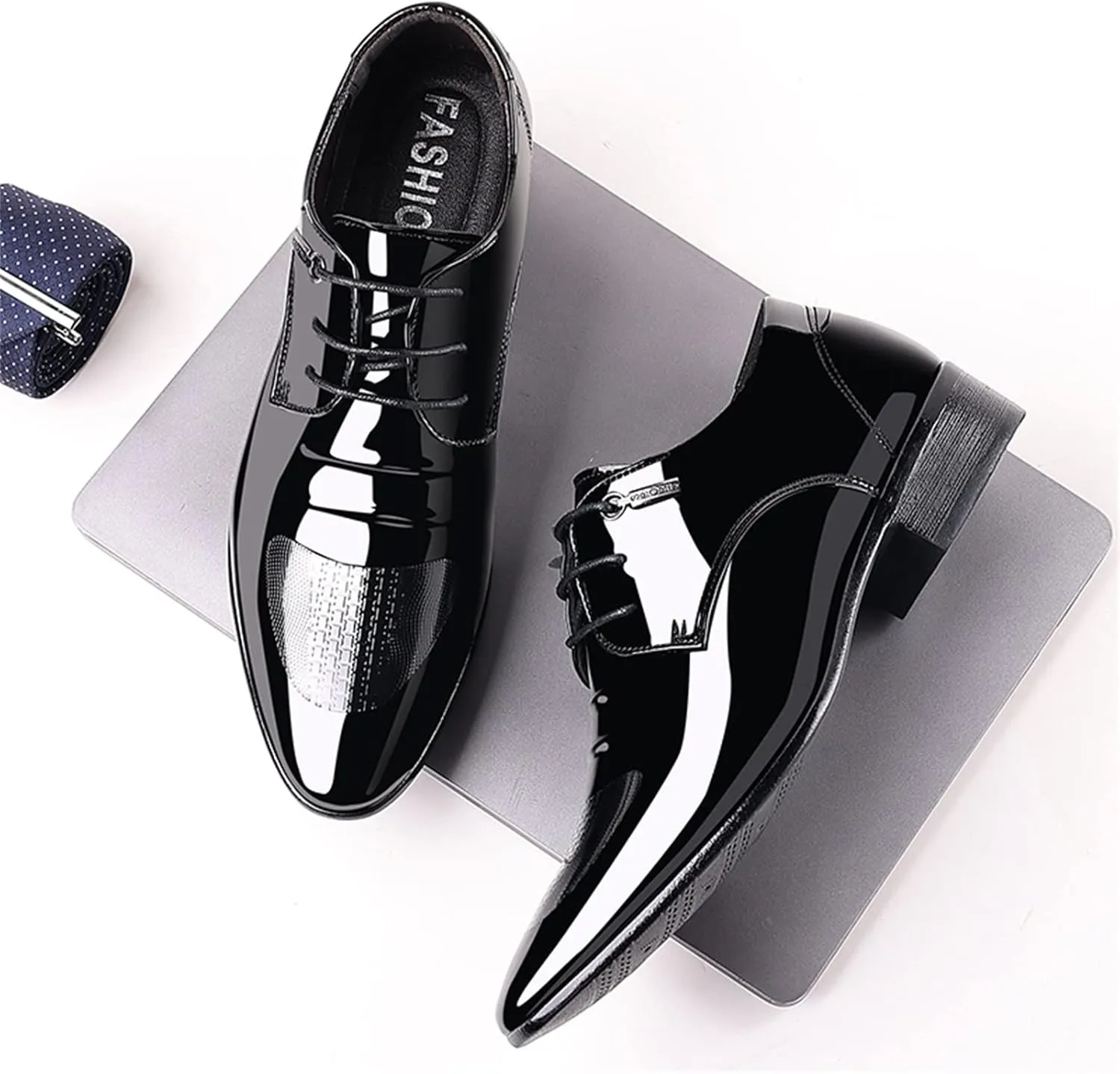 Mens Lace Up Dress Shoes Low Heel Patent Leather Shoes for Men Arch Support Business Formal Shoe Non Slip Waterproof Daily Office Footwear Mens Comfortable Dating Suit Shoe