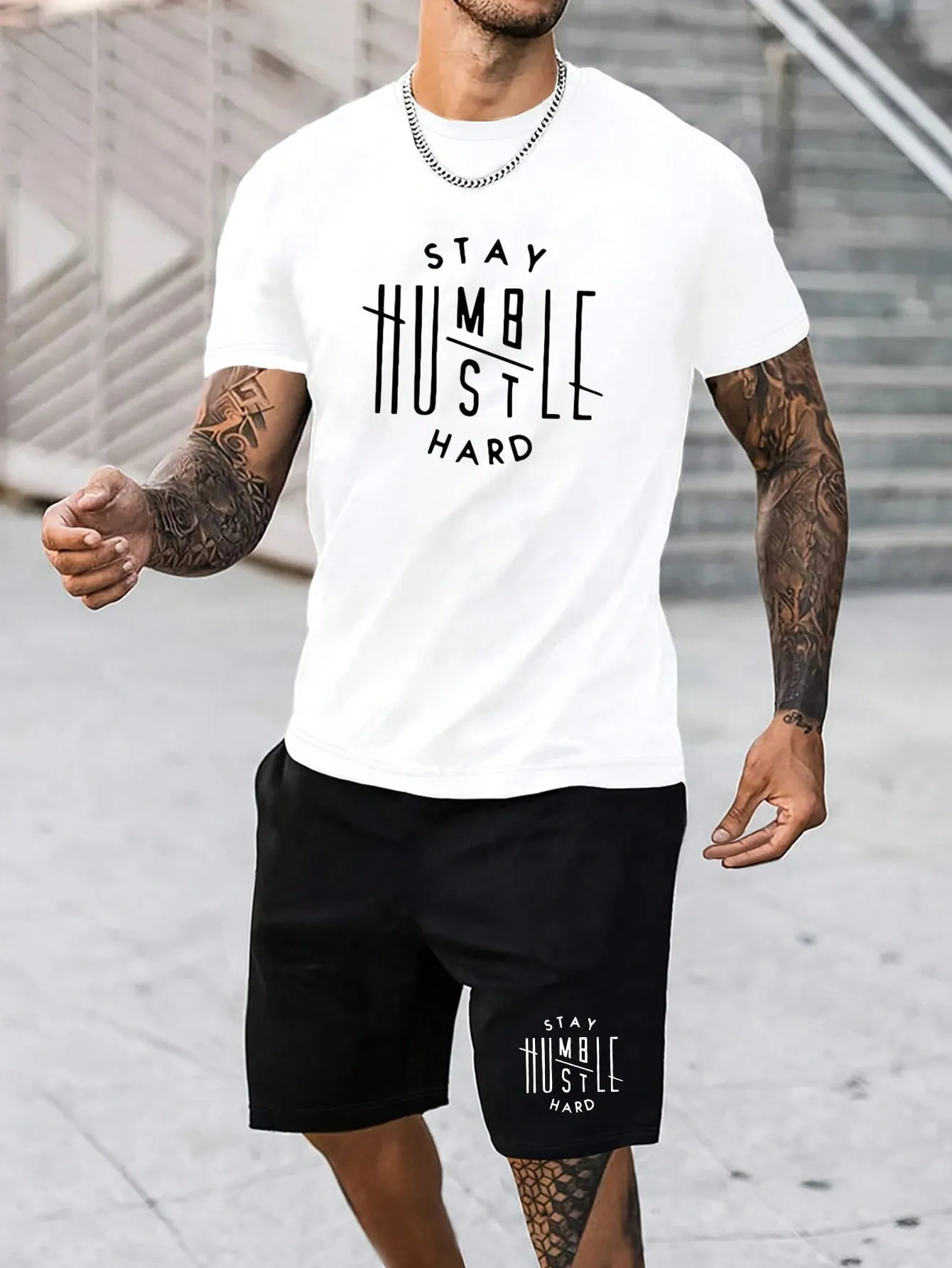Men's Letter Print T-Shirt And Drawstring Waist Shorts Set