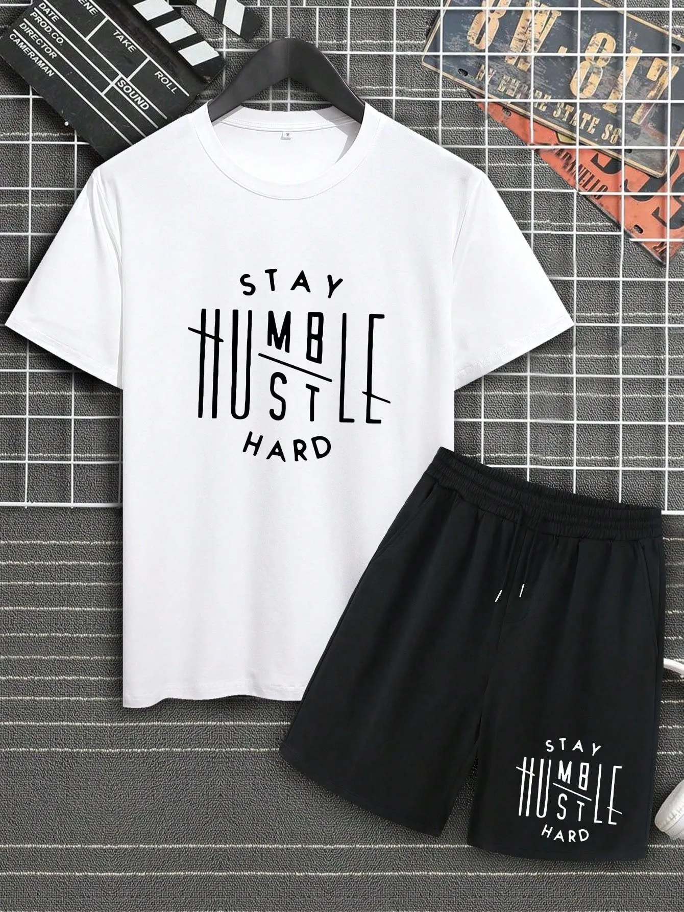Men's Letter Print T-Shirt And Drawstring Waist Shorts Set