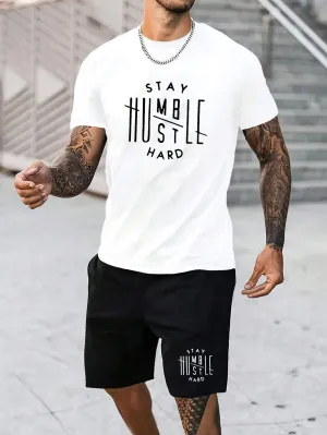 Men's Letter Print T-Shirt And Drawstring Waist Shorts Set