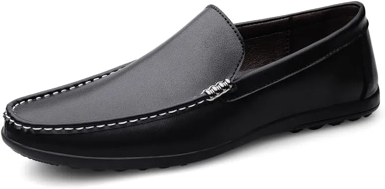 Mens Loafers Round Toe Solid Color Faux Leather Slip Resistant Flexible Flat Heel Walking Slip-ons Classic Casual Driving Shoes (Color : Black, Size : 6.5)