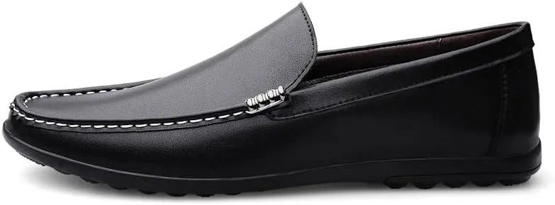 Mens Loafers Round Toe Solid Color Faux Leather Slip Resistant Flexible Flat Heel Walking Slip-ons Classic Casual Driving Shoes (Color : Black, Size : 6.5)