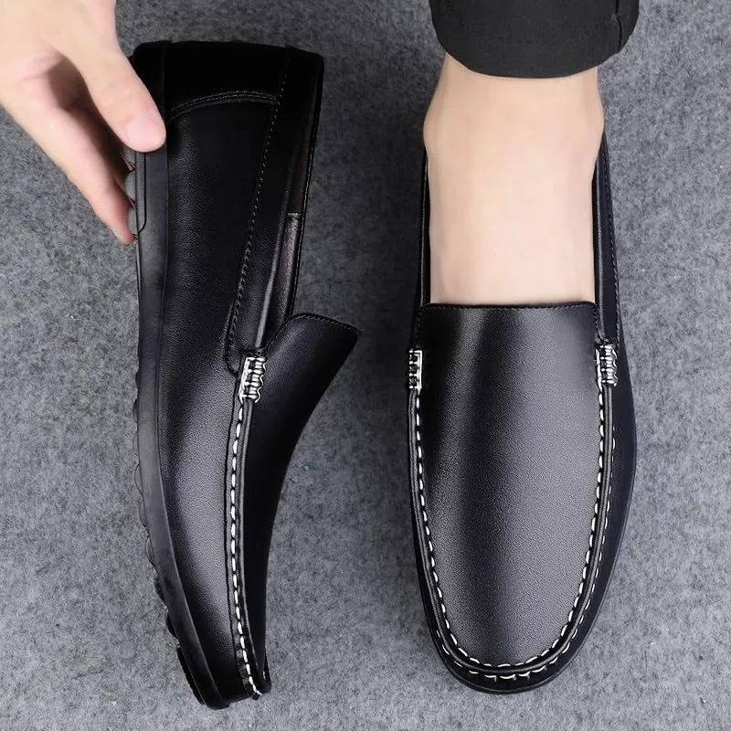 Mens Loafers Round Toe Solid Color Faux Leather Slip Resistant Flexible Flat Heel Walking Slip-ons Classic Casual Driving Shoes (Color : Black, Size : 6.5)
