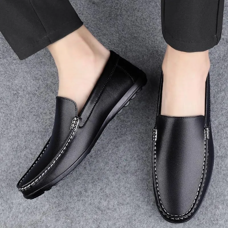 Mens Loafers Round Toe Solid Color Faux Leather Slip Resistant Flexible Flat Heel Walking Slip-ons Classic Casual Driving Shoes (Color : Black, Size : 6.5)
