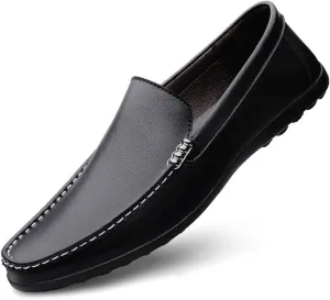 Mens Loafers Round Toe Solid Color Faux Leather Slip Resistant Flexible Flat Heel Walking Slip-ons Classic Casual Driving Shoes (Color : Black, Size : 6.5)
