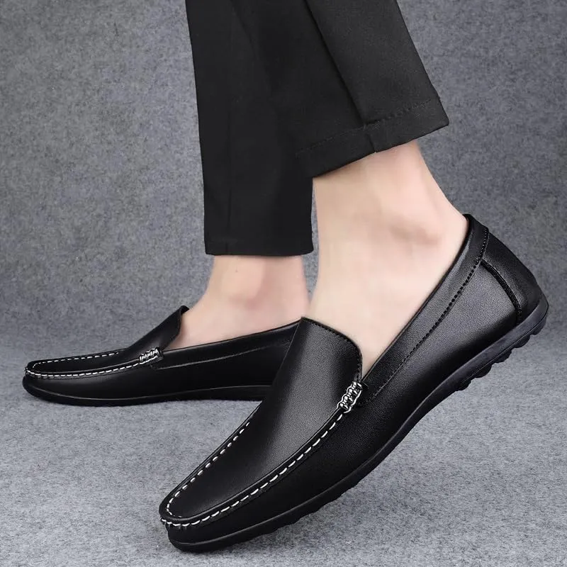 Mens Loafers Round Toe Solid Color Faux Leather Slip Resistant Flexible Flat Heel Walking Slip-ons Classic Casual Driving Shoes (Color : Black, Size : 6.5)