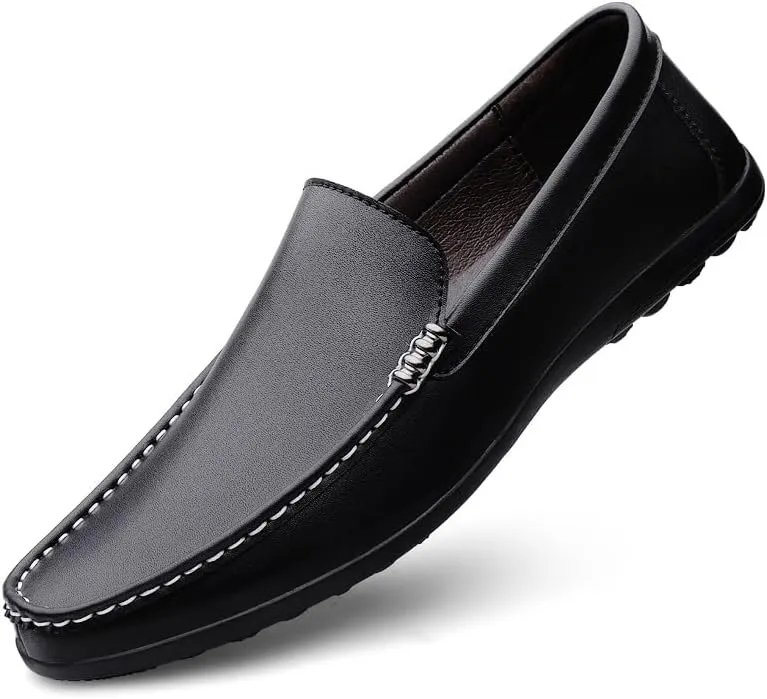 Mens Loafers Round Toe Solid Color Faux Leather Slip Resistant Flexible Flat Heel Walking Slip-ons Classic Casual Driving Shoes (Color : Black, Size : 6.5)