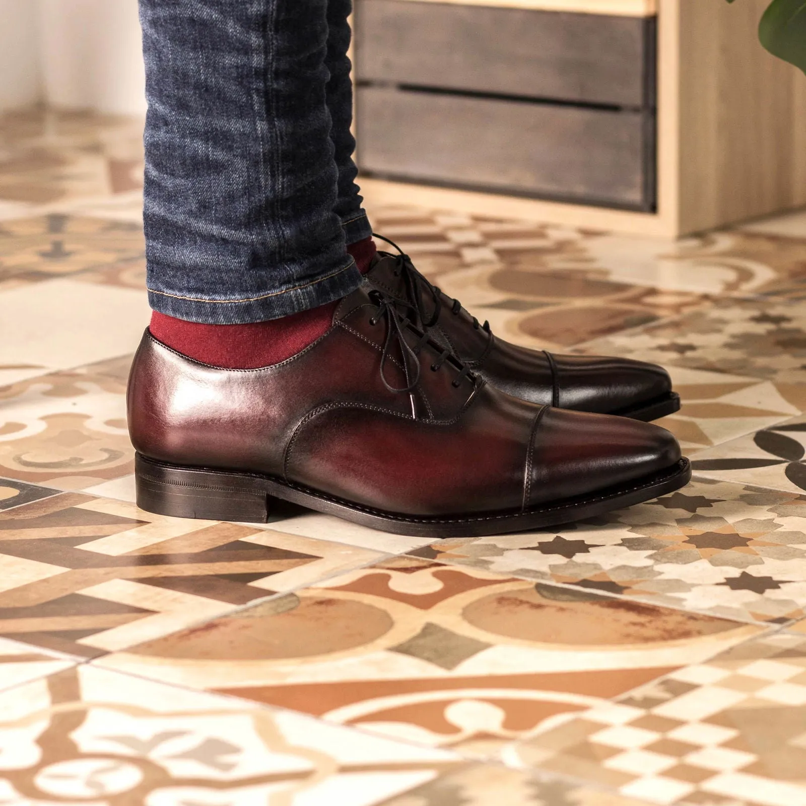 Men's Oxford Leather Shoes Goodyear Welt Wide Plus Size Burgundy 5372
