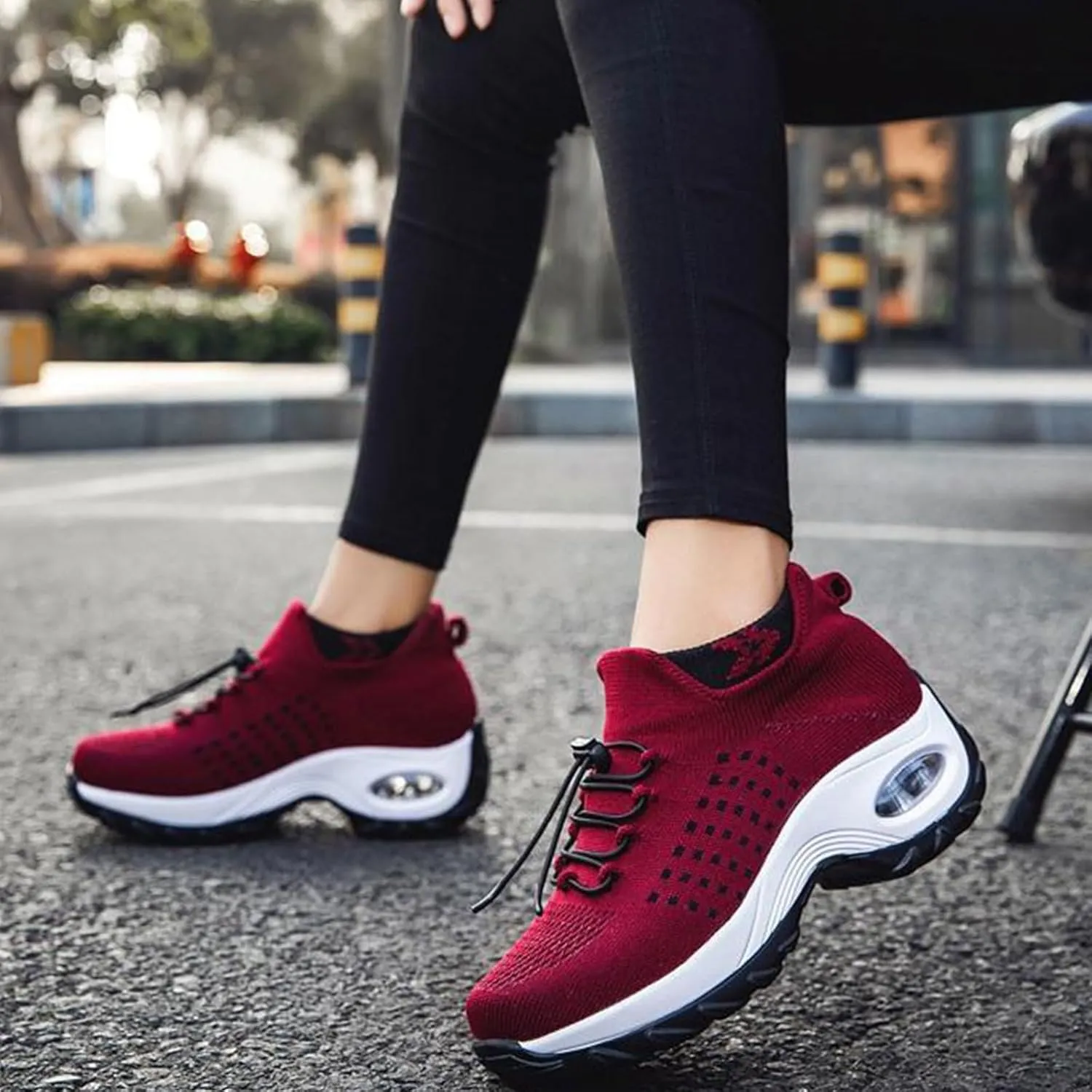 Mens Platform Sneakers Air Cushion for Day Walking, Orthopedic Stretch Breathable, Thick Rocker Bottom for Men Women