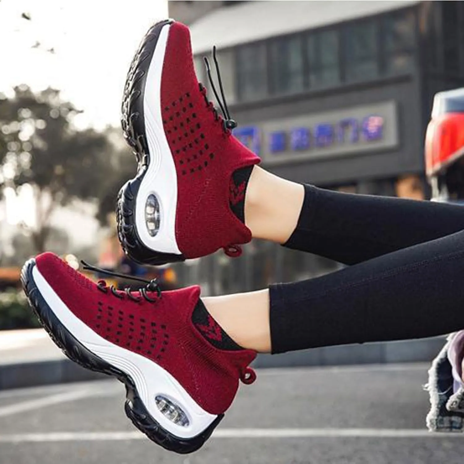 Mens Platform Sneakers Air Cushion for Day Walking, Orthopedic Stretch Breathable, Thick Rocker Bottom for Men Women