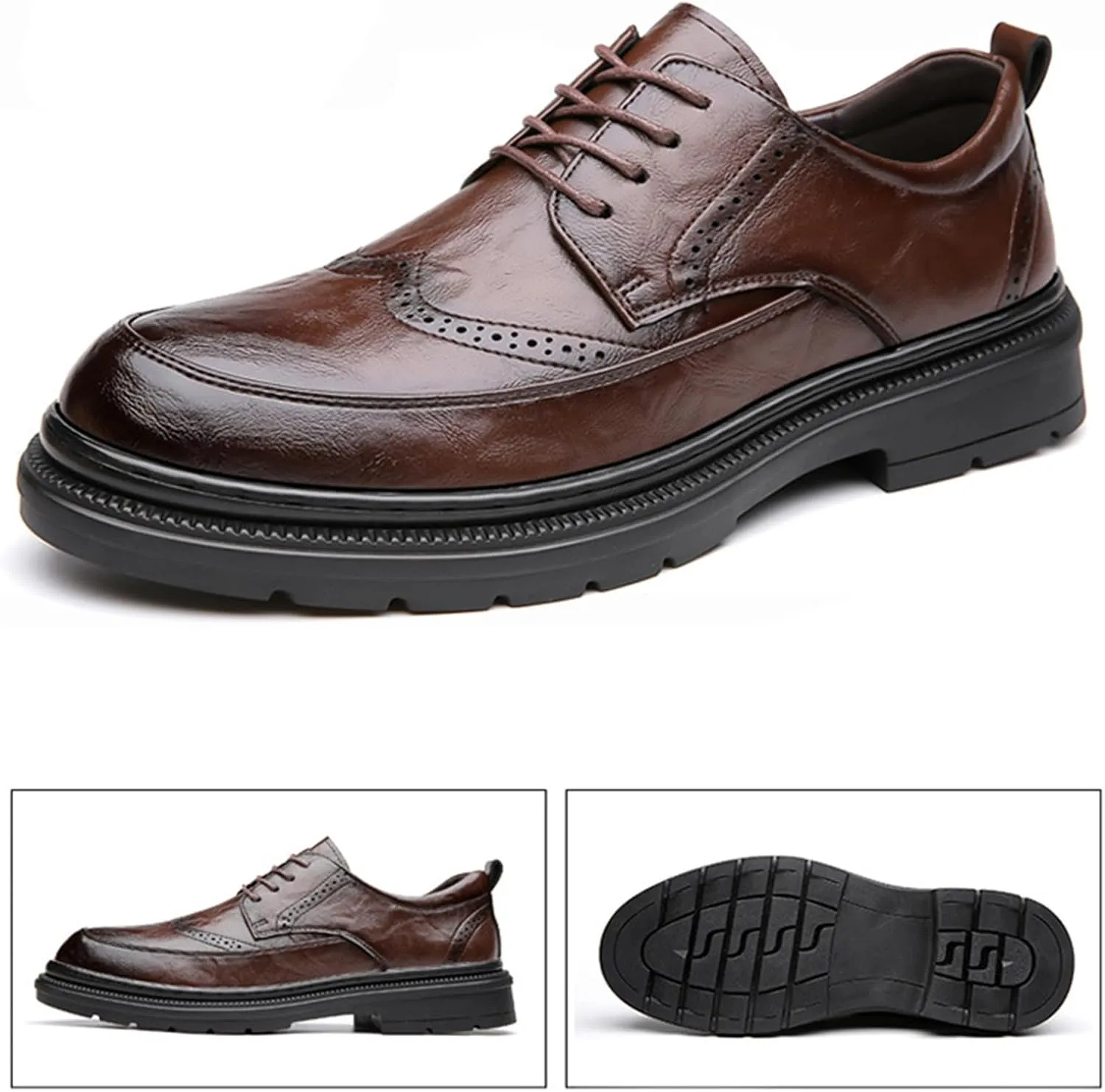 Men's Platform Wingtip Brogue Oxfords,Classic Lace Up Low Top Leather Dress Shoes,Comfortable Tuxedo Shoes Formal Derby Shoes