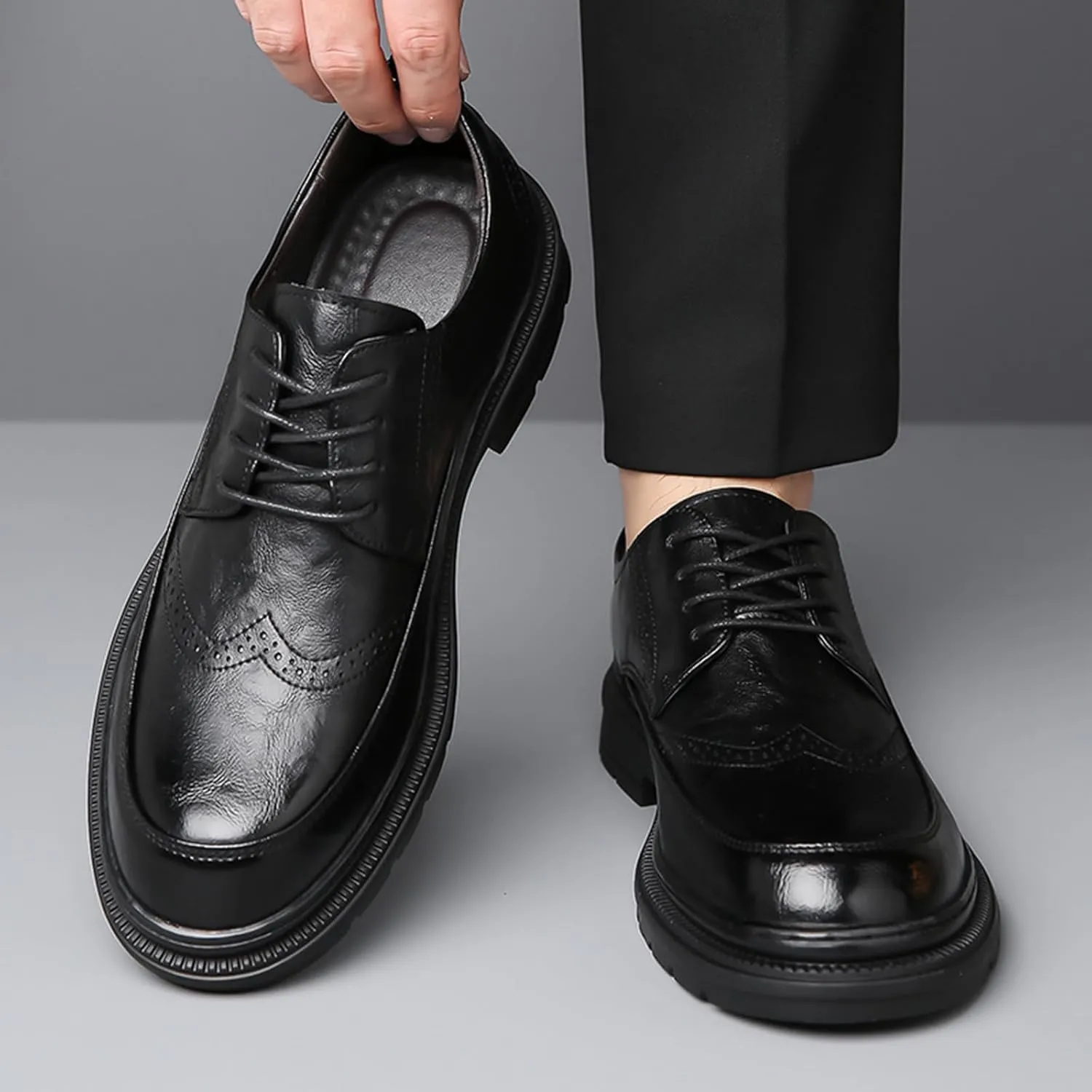 Men's Platform Wingtip Brogue Oxfords,Classic Lace Up Low Top Leather Dress Shoes,Comfortable Tuxedo Shoes Formal Derby Shoes