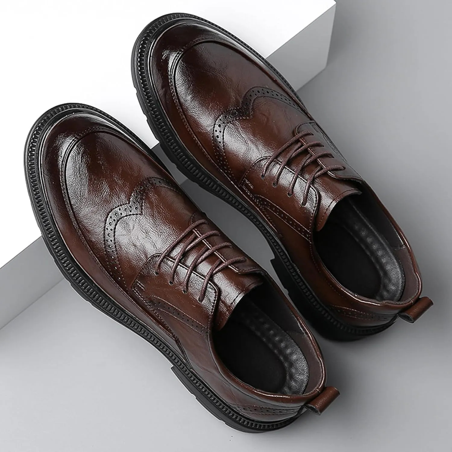 Men's Platform Wingtip Brogue Oxfords,Classic Lace Up Low Top Leather Dress Shoes,Comfortable Tuxedo Shoes Formal Derby Shoes