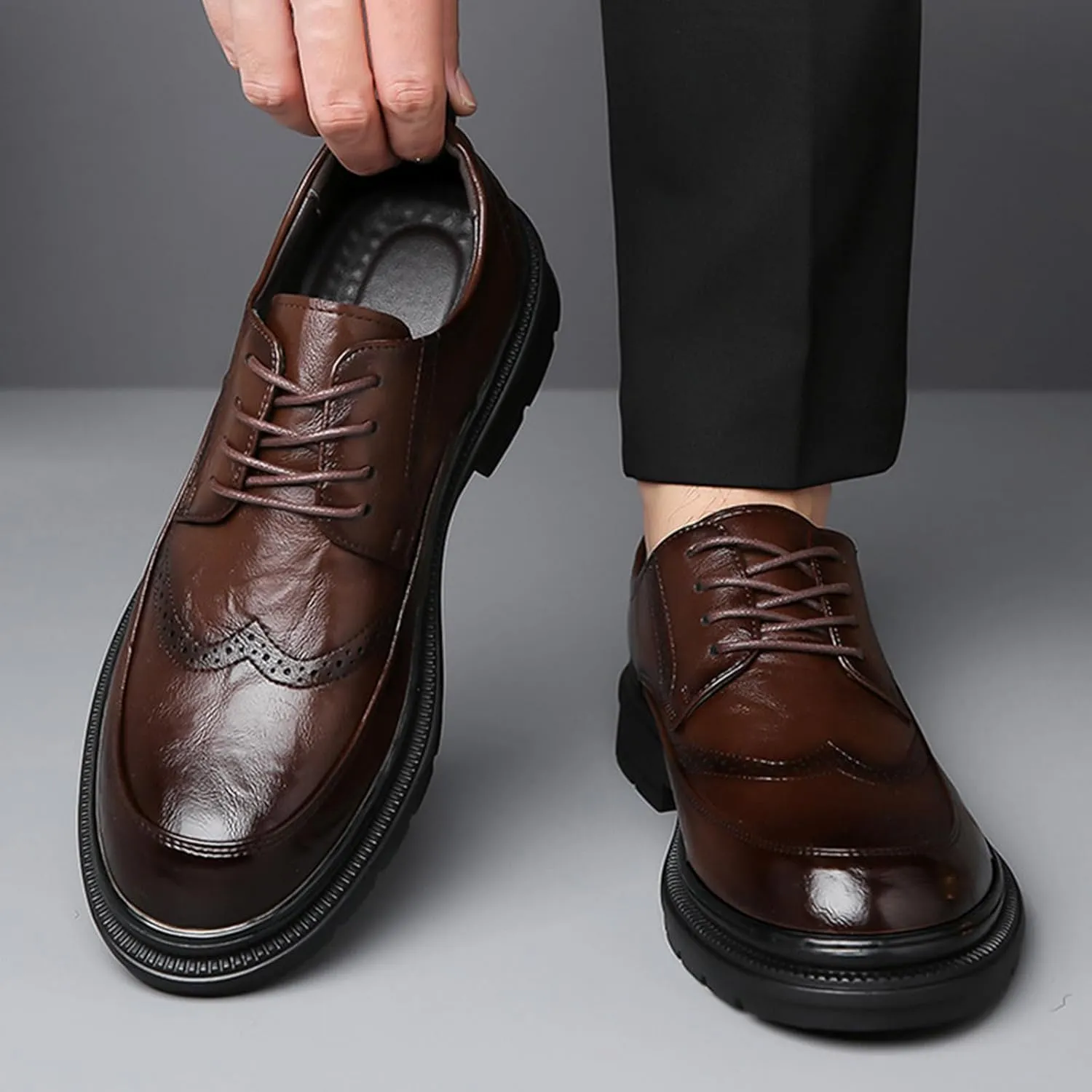 Men's Platform Wingtip Brogue Oxfords,Classic Lace Up Low Top Leather Dress Shoes,Comfortable Tuxedo Shoes Formal Derby Shoes