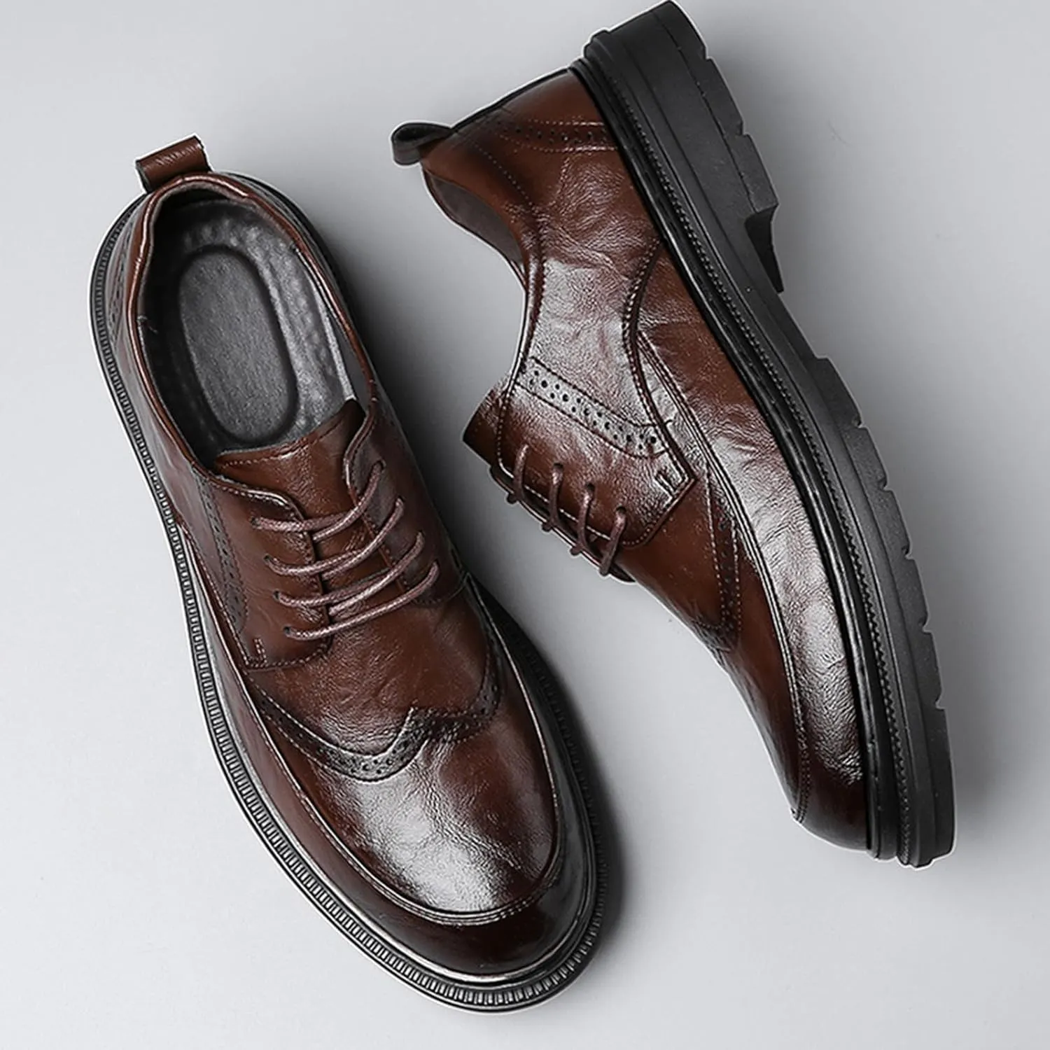 Men's Platform Wingtip Brogue Oxfords,Classic Lace Up Low Top Leather Dress Shoes,Comfortable Tuxedo Shoes Formal Derby Shoes