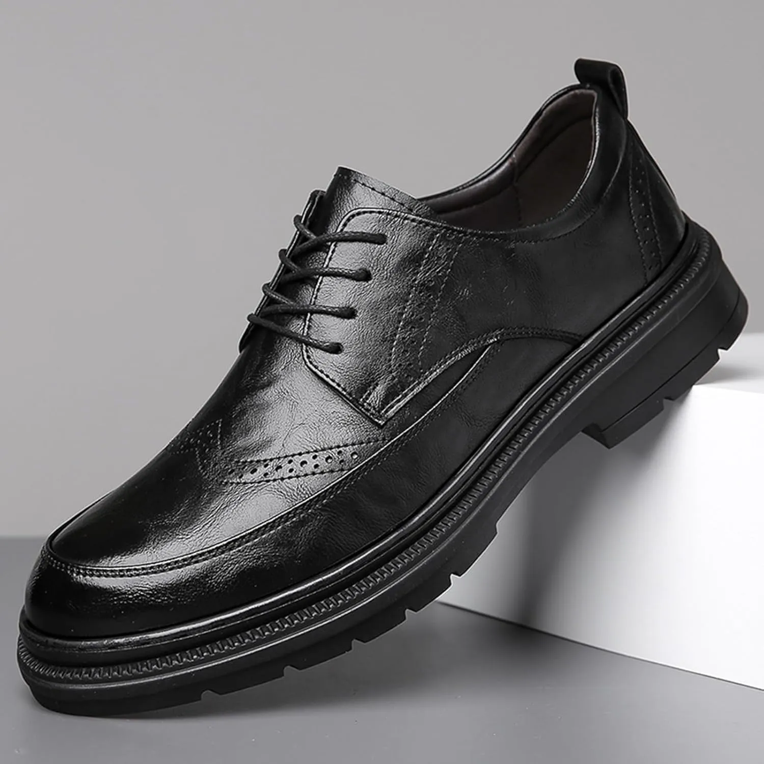 Men's Platform Wingtip Brogue Oxfords,Classic Lace Up Low Top Leather Dress Shoes,Comfortable Tuxedo Shoes Formal Derby Shoes
