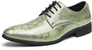 Mens Retro Printed Patent Leather Lace Up Dress Oxfords Shoes Low Top Pointed Toe Non-Slip Chunky Heels Casual Dreby Shoes for Formal Business Wedding