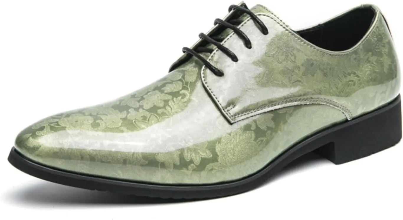 Mens Retro Printed Patent Leather Lace Up Dress Oxfords Shoes Low Top Pointed Toe Non-Slip Chunky Heels Casual Dreby Shoes for Formal Business Wedding
