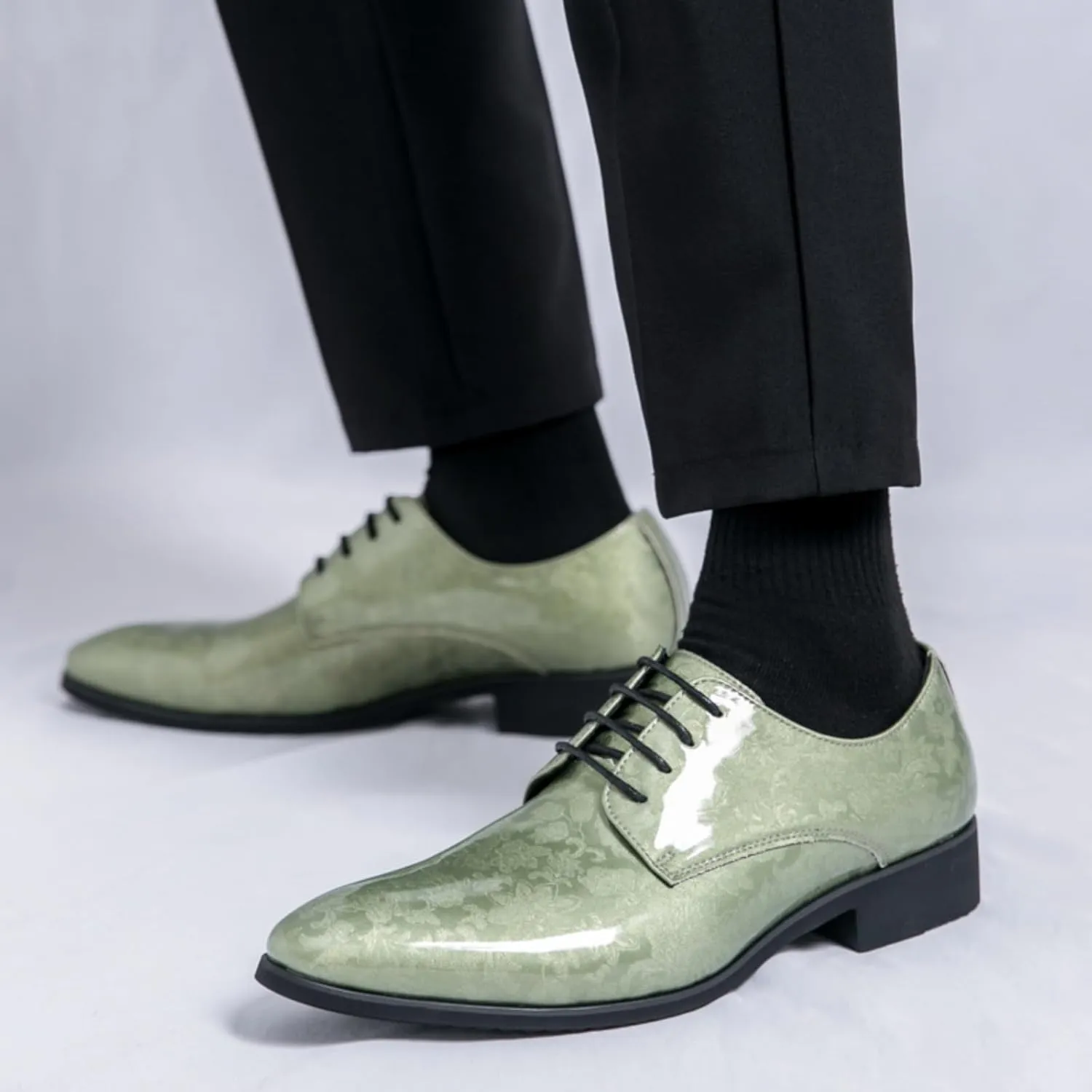 Mens Retro Printed Patent Leather Lace Up Dress Oxfords Shoes Low Top Pointed Toe Non-Slip Chunky Heels Casual Dreby Shoes for Formal Business Wedding