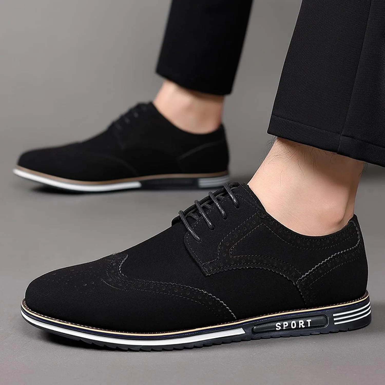 Mens Retro Wingtip Oxfords Shoes Comfortable Non Slip Flat Oxfordss Lace up Suede Leather Business Formal Shoes Casual Dress Shoe Men Durbale Office Work Shoe Black Fashion Derby